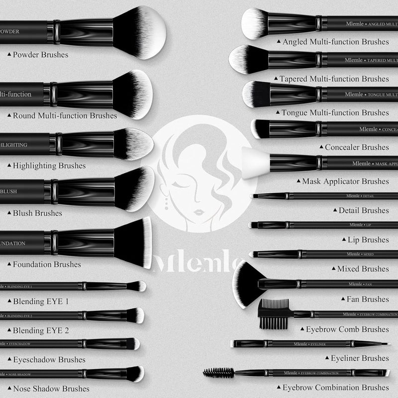 Mlemle Makeup Brushes Set, Professional 26 Pcs Makeup Kit, Include Powder Foundation Concealers Blush Eye shadows Eyebrow 21 Pcs Makeup Brushes and 2 Powder Puff, 3 Makeup Sponge(A01-Black) - Image 2